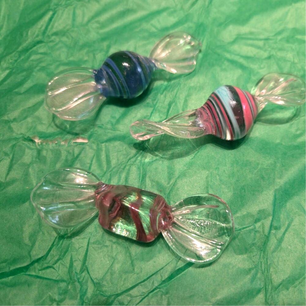 Vintage Lot 3 Murano Art Glass Wrapped Candy Pieces Pink Swirl Blue
